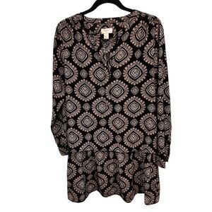 Ann Taylor Outlet Shift Dress Size M Black Medallion Drop Waist Long Sleeve
